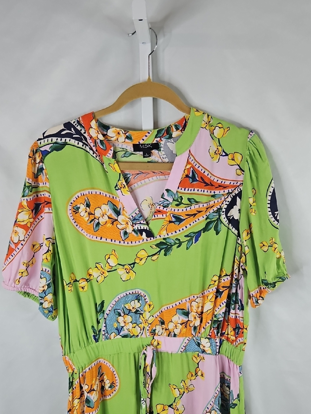 MSK Green Paisley-Print Maxi Dress Hi-Low with Pink & Orange Accents Size Large - Picture 3 of 7